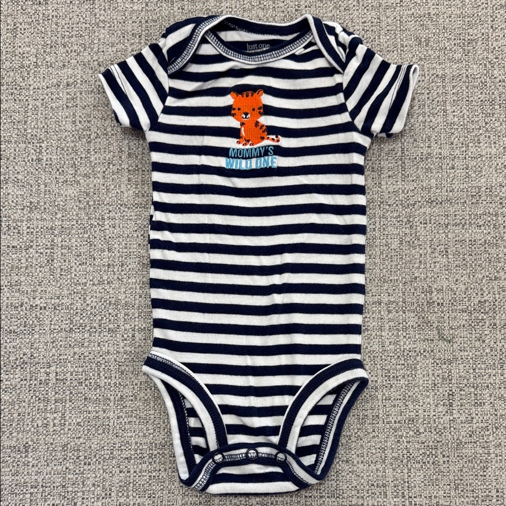 Just One You Navy and White Striped Bodysuit with Orange Cat